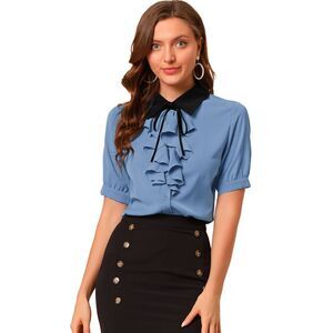 Contrast Collar Tie Ruffle Front Button Short Sleeve Shirt Dusty Blue